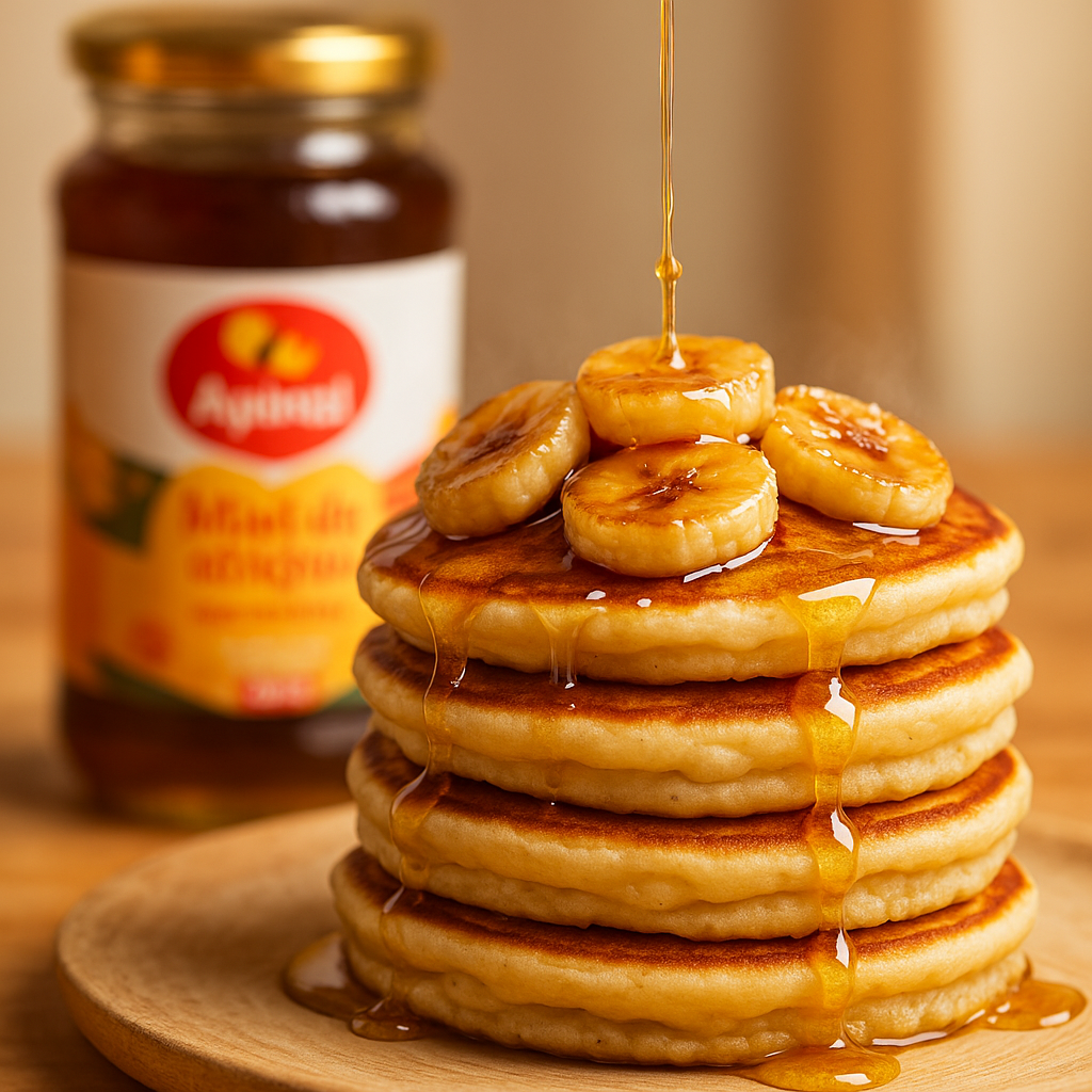 Pancakes integrales con miel y banano caramelizado
